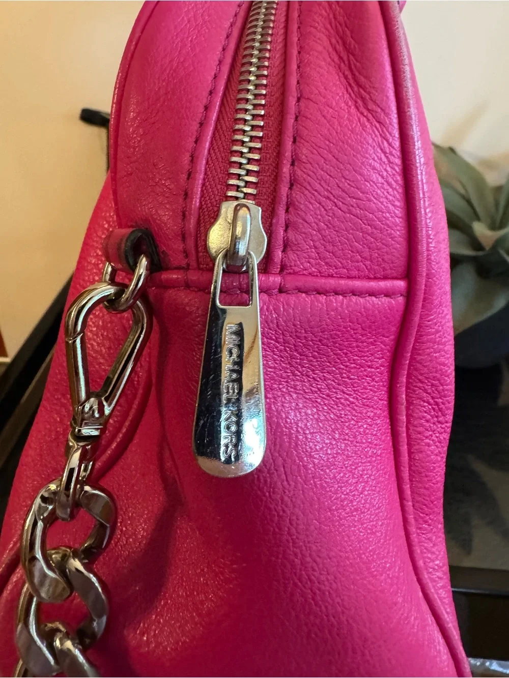 Michael Kors Raspberry Leather Satchel with Tassel Charm